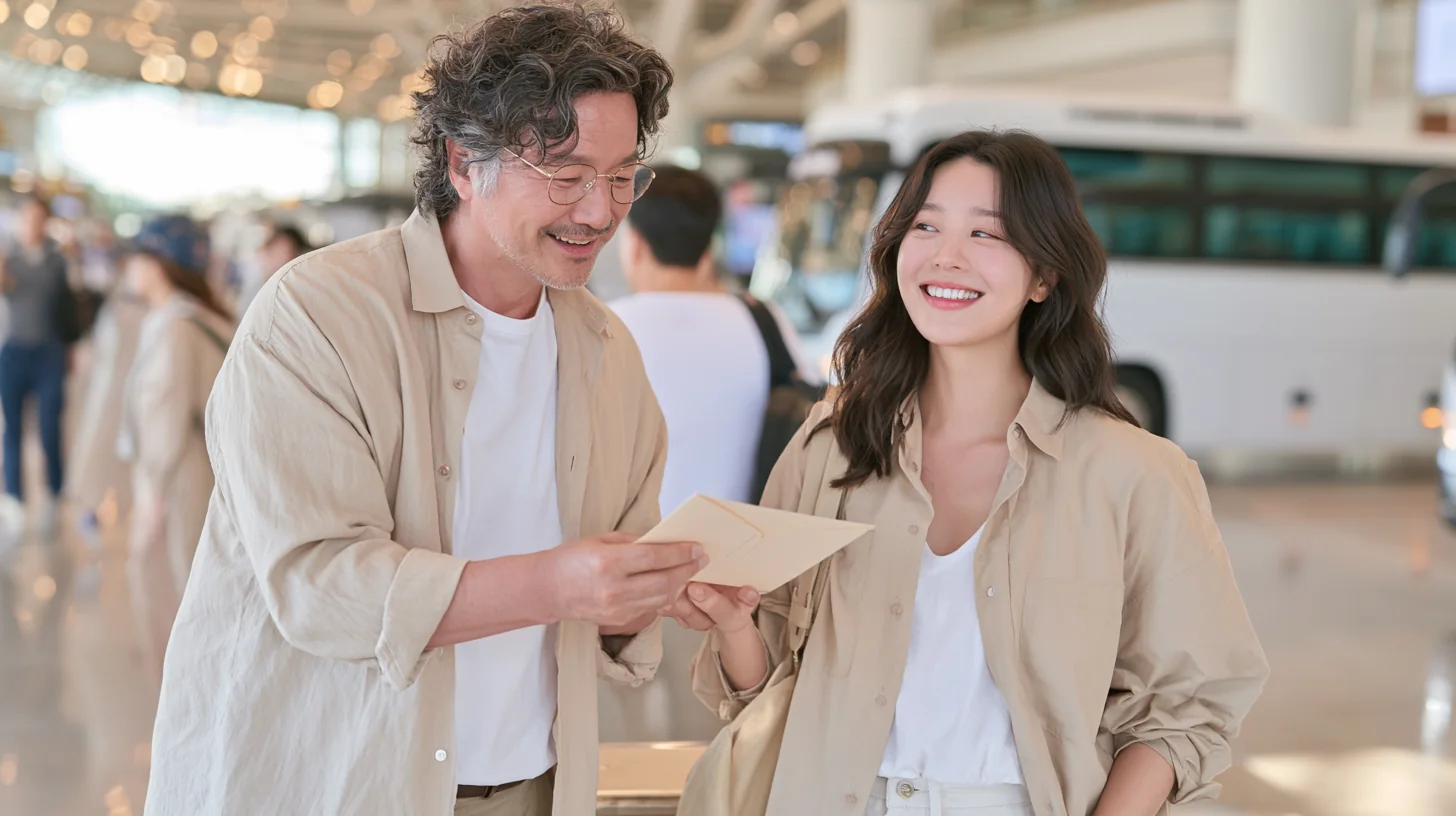 정류장에서 봇짐을 건네는 두 사람